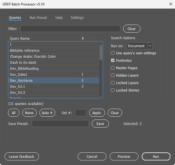 Queries tab: GREP queries numbered in run order, search options, Preview and Run buttons