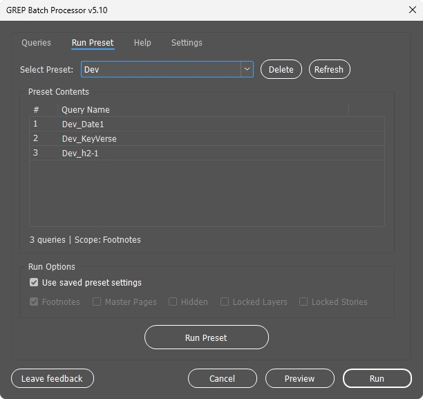 Run Preset tab: a saved preset with three queries and its scope