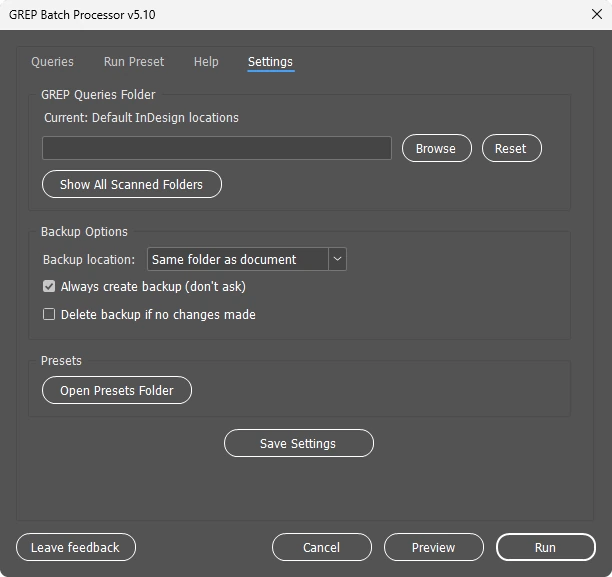 Settings tab: GREP queries folder, backup options and presets folder